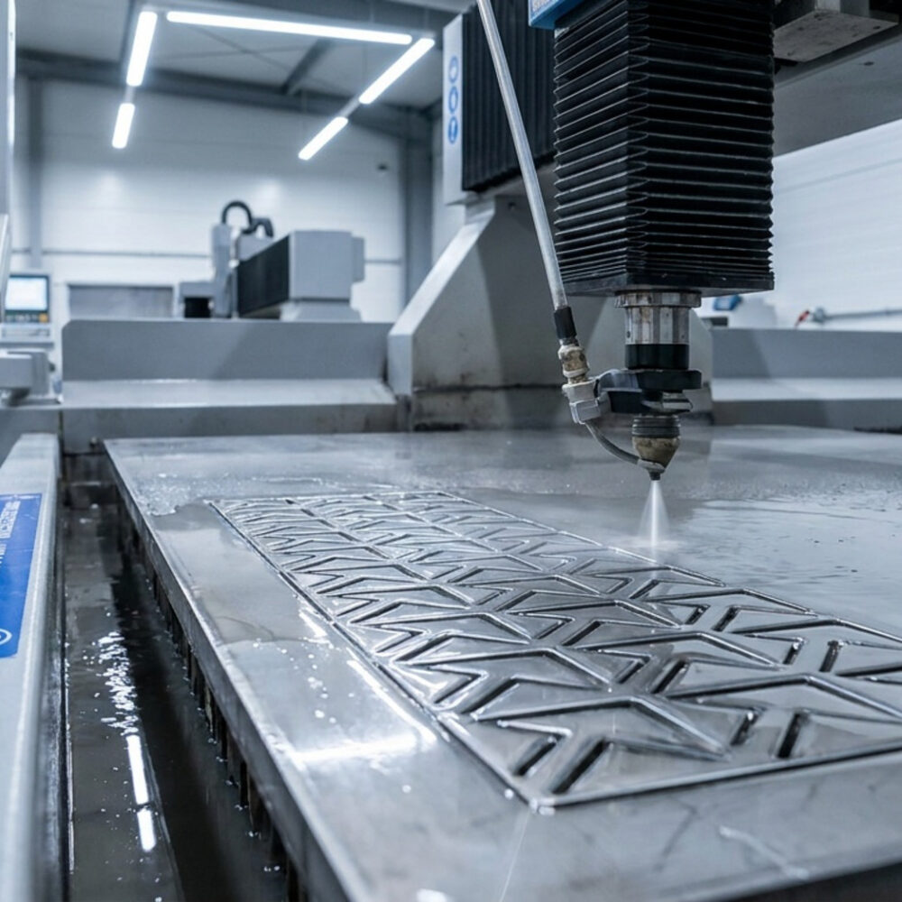 Maszyna CNC tnie wodą wzór w arkuszu blachy w hali produkcyjnej.