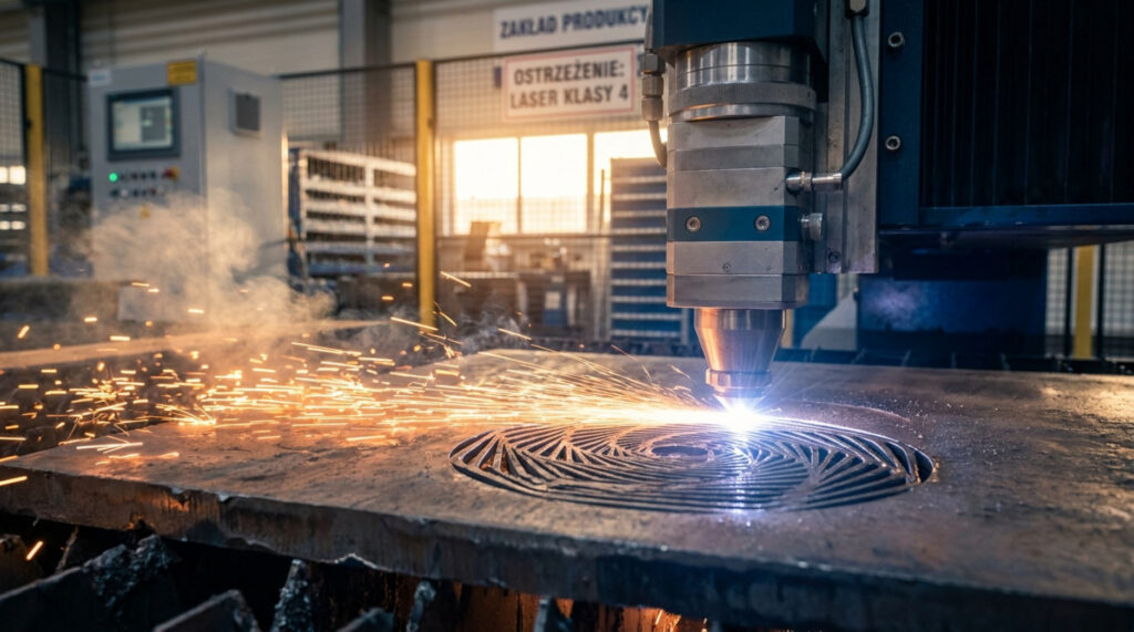 Głowica lasera wycinająca okrągły wzór w grubej stalowej płycie
