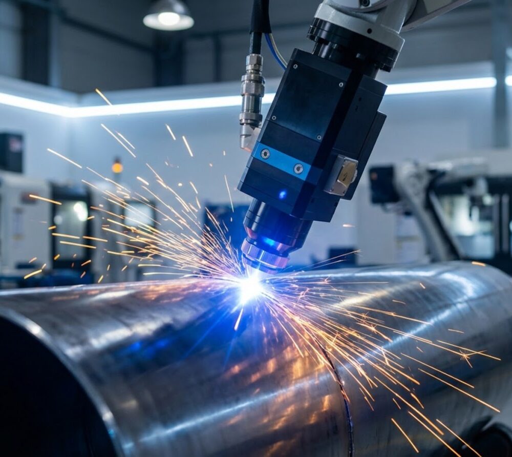 Ramię robota przemysłowego z głowicą laserową precyzyjnie przecinające stalową rurę o dużej średnicy, z widocznym jasnym łukiem światła i snopem iskier.