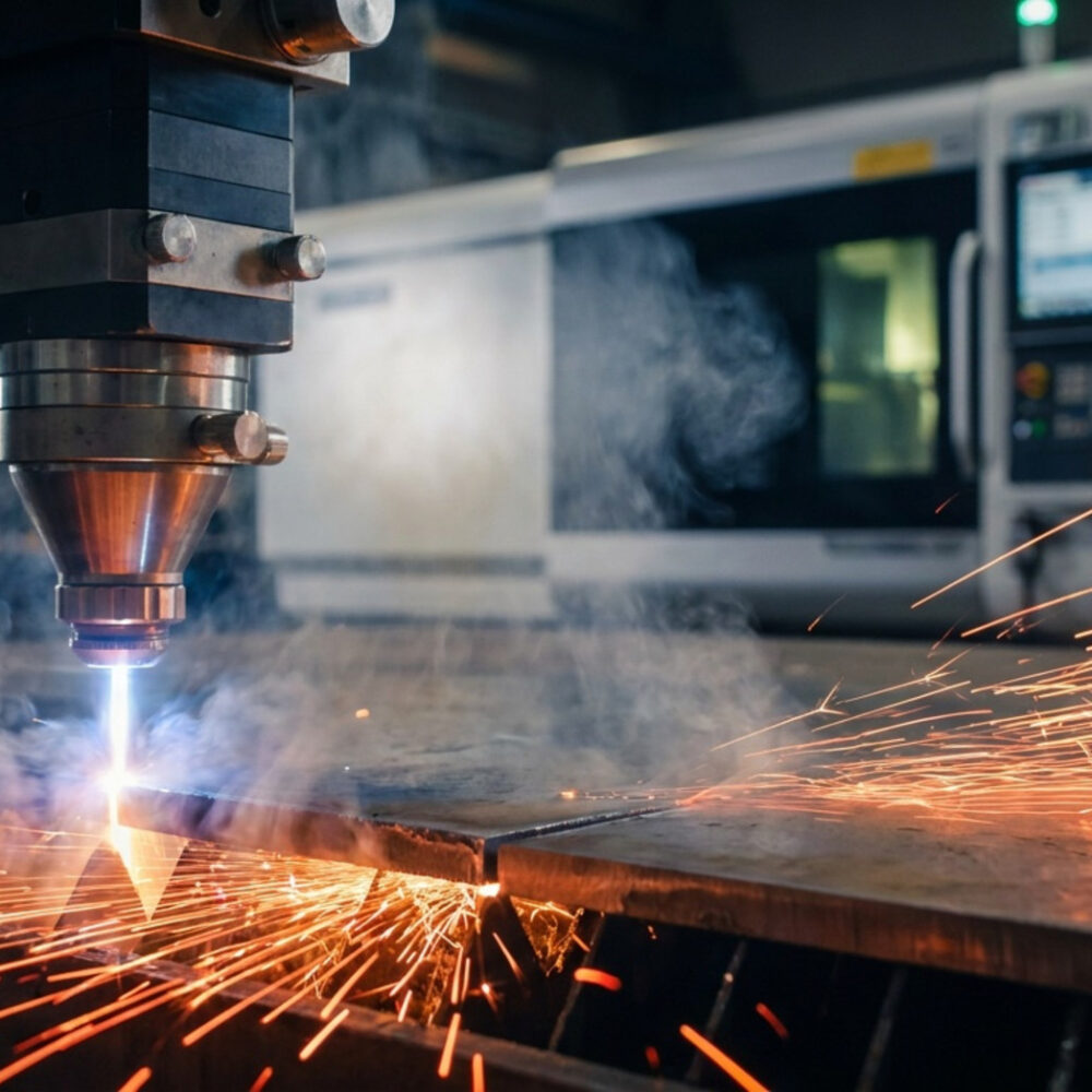 Automatyczna maszyna CNC tnąca blachę metalową z widocznymi iskrami w hali produkcyjnej
