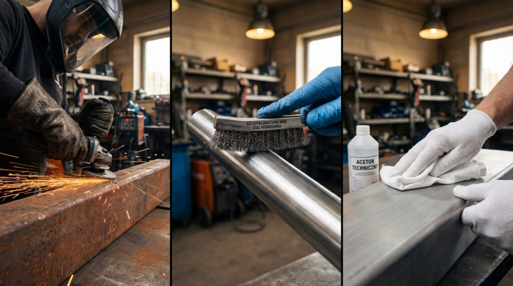 Tryptyk zdjęć przedstawiający przygotowanie metalu: szlifowanie kątówką, czyszczenie rury szczotką drucianą INOX oraz odtłuszczanie powierzchni acetonem technicznym.