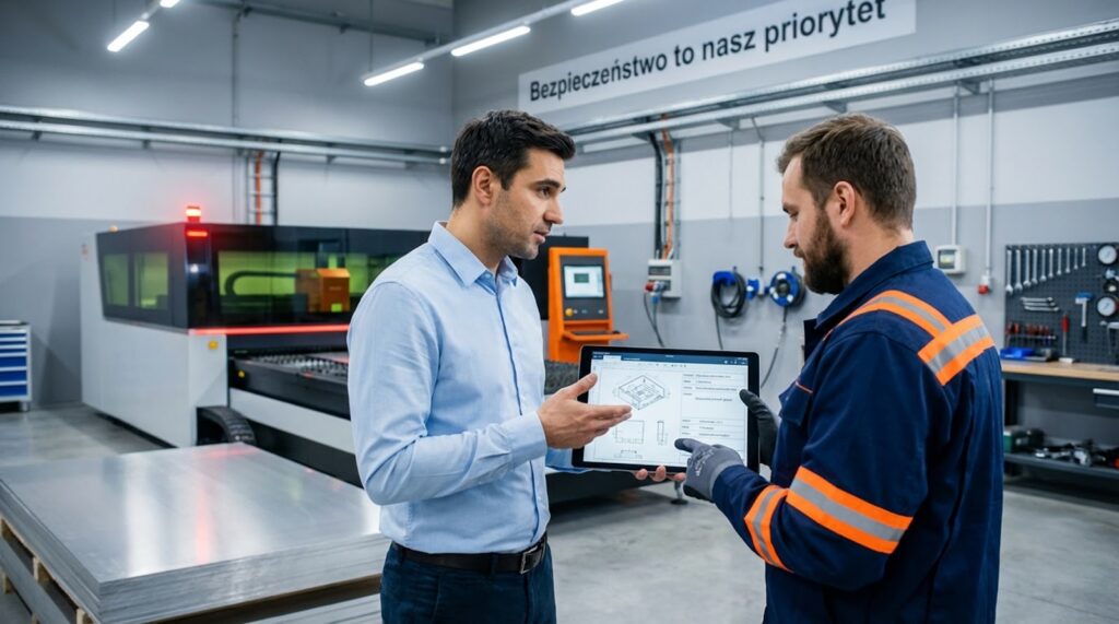 Inżynier i operator maszyny CNC omawiają rysunek techniczny na tablecie w nowoczesnej hali produkcyjnej, w tle widoczna wycinarka laserowa oraz napis „Bezpieczeństwo to nasz priorytet”.