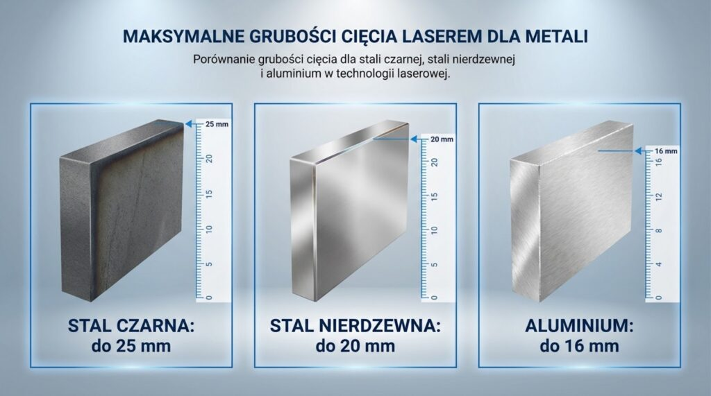 Maksymalne grubości cięcia laserem – stal czarna do 25 mm, stal nierdzewna do 20 mm i aluminium do 16 mm