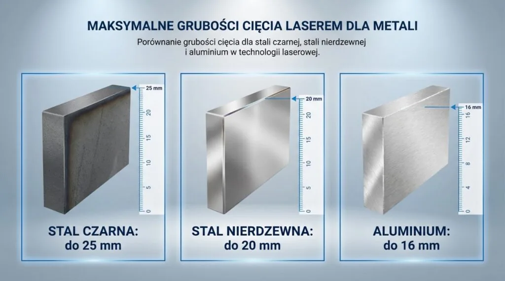 Maksymalne grubości cięcia laserem – stal czarna do 25 mm, stal nierdzewna do 20 mm i aluminium do 16 mm