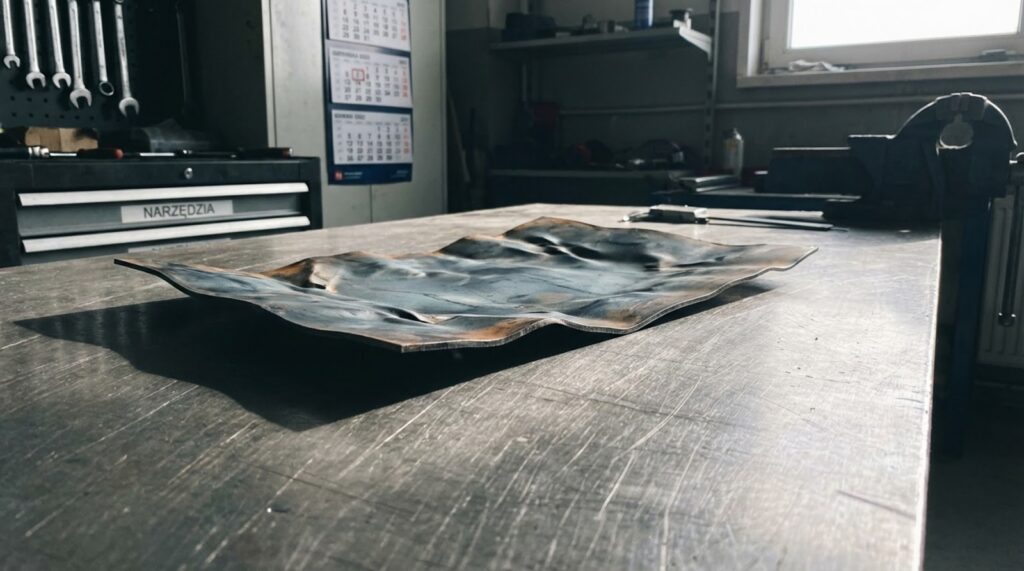 Arkusz blachy stalowej z wyraźnymi pofalowaniami i odkształceniami termicznymi leżący na metalowym stole warsztatowym w otoczeniu narzędzi.