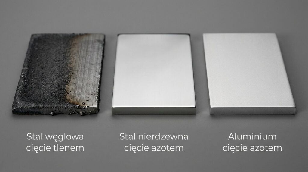 Próbki stali węglowej, stali nierdzewnej i aluminium po cięciu tlenem oraz azotem.