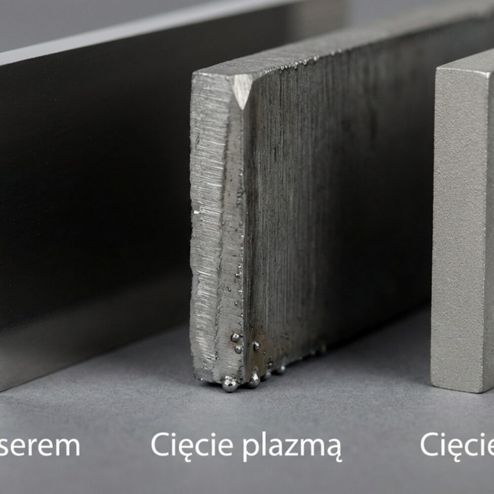 Trzy próbki metalu prezentujące krawędzie po cięciu laserem (gładka i lśniąca), plazmą (chropowata z widocznym żużlem) oraz wodą (matowa i jednolita).