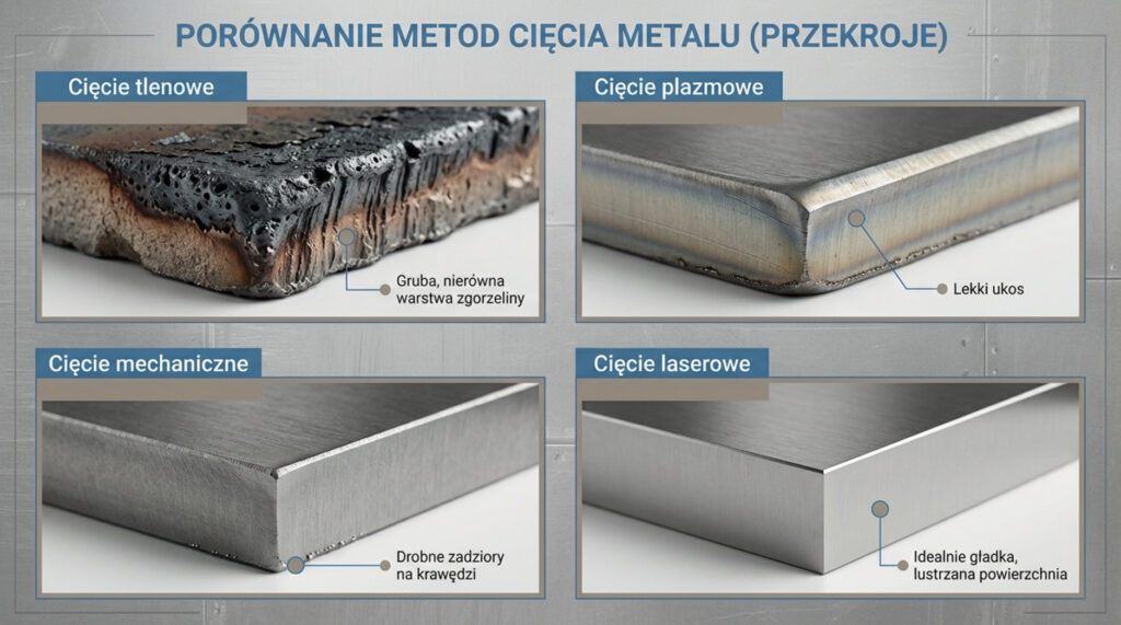 Infografika przedstawiająca cztery metody cięcia metalu: tlenowe (zgrzelina), plazmowe (ukos), mechaniczne (zadzior) oraz laserowe (gładka krawędź).