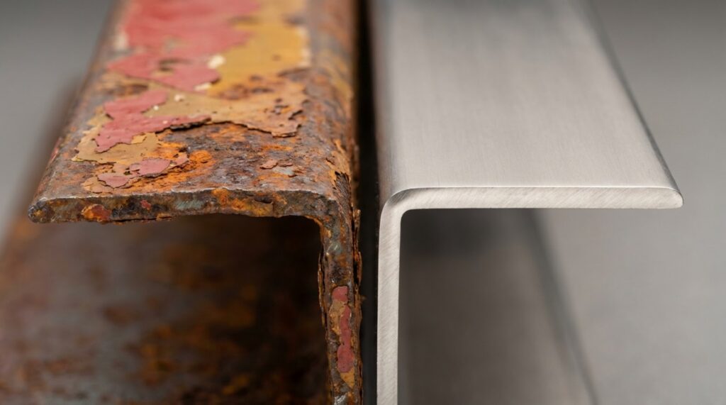 Porównanie dwóch ceowników stalowych: po lewej profil ze stali czarnej z zaawansowaną korozją i łuszczącą się farbą, po prawej nowy, czysty profil ze stali nierdzewnej o gładkim wykończeniu.