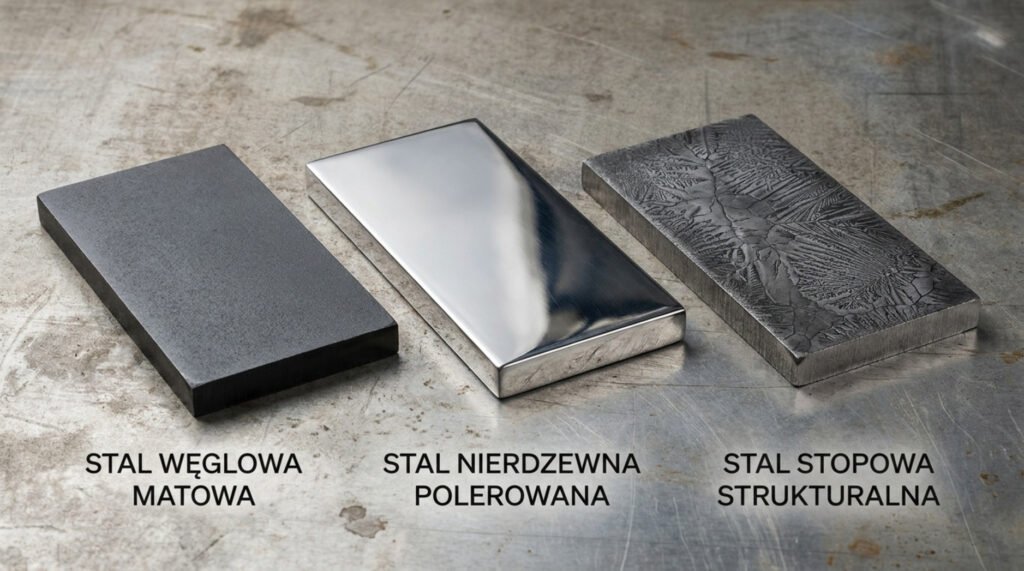 Porównanie próbek stali węglowej matowej, nierdzewnej polerowanej i stopowej strukturalnej.