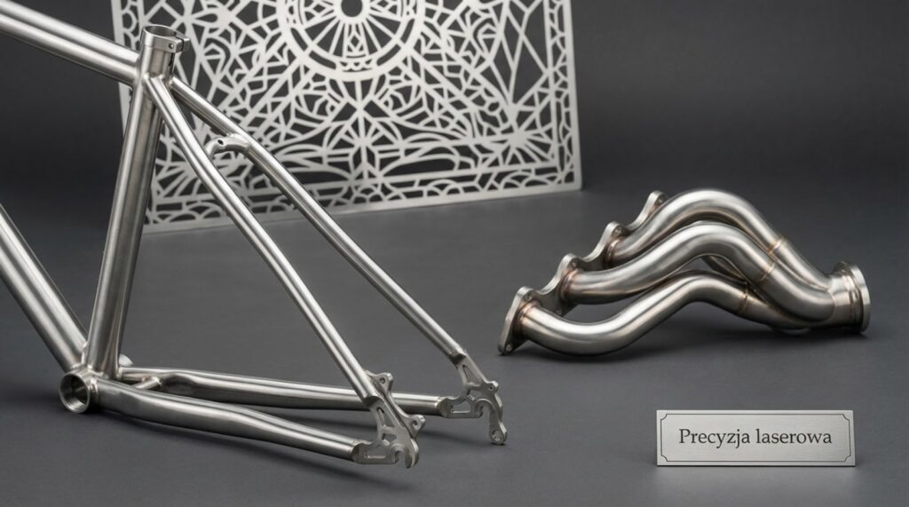 Ekspozycja wyrobów stalowych wykonanych techniką laserową: rama rowerowa, kolektor wydechowy oraz ozdobny ażurowy panel w tle, obok tabliczki z napisem "Precyzja laserowa".