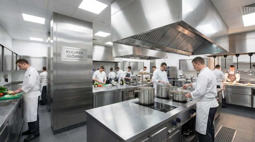 Nowoczesna kuchnia restauracyjna z licznymi stanowiskami pracy, wyposażona w profesjonalne meble, okapy i blaty wykonane w całości ze stali nierdzewnej, z pracującym zespołem kucharzy.