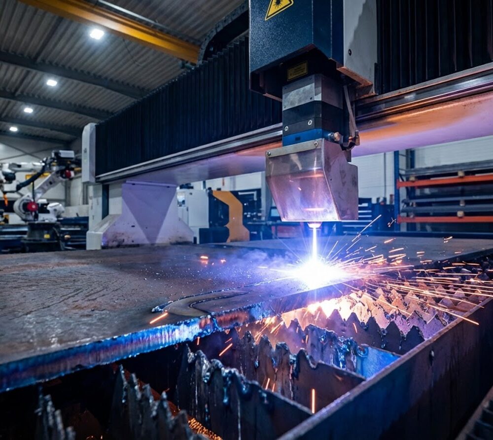 Głowica lasera Fiber podczas wycinania elementów z dużej płyty metalowej na stole roboczym w hali przemysłowej, z widocznym ostrzeżeniem o promieniowaniu laserowym.