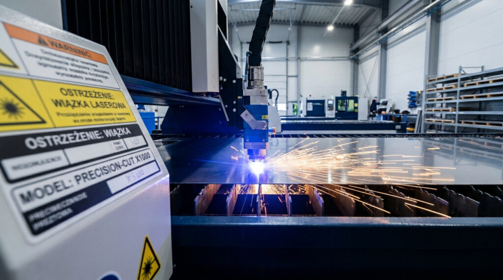 Głowica wycinarki laserowej tnąca arkusz blachy w hali produkcyjnej