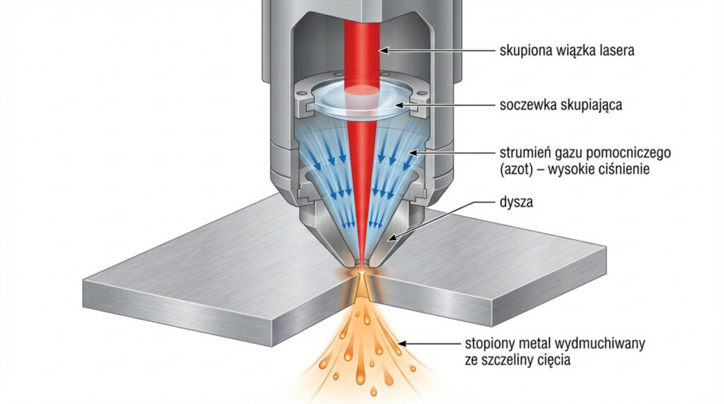 Przekrój poprzeczny głowicy lasera tnącego metal z widoczną soczewką, wiązką światła oraz strumieniem azotu wydmuchującym stopiony materiał.