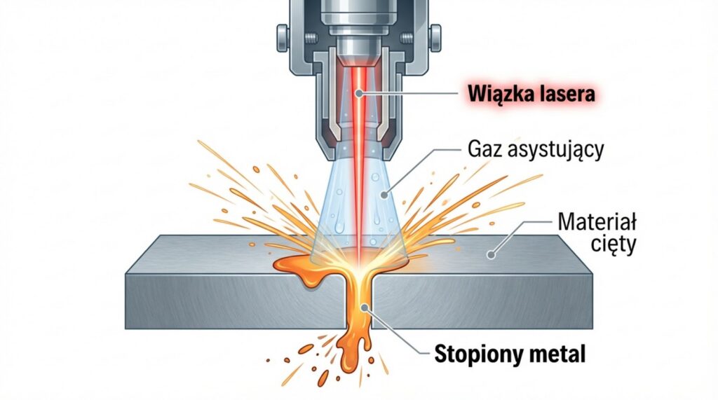 Ilustracja techniczna przedstawiająca przekrój głowicy lasera podczas pracy. Na schemacie zaznaczono wiązkę lasera, gaz asystujący, materiał cięty oraz wypływający stopiony metal.
