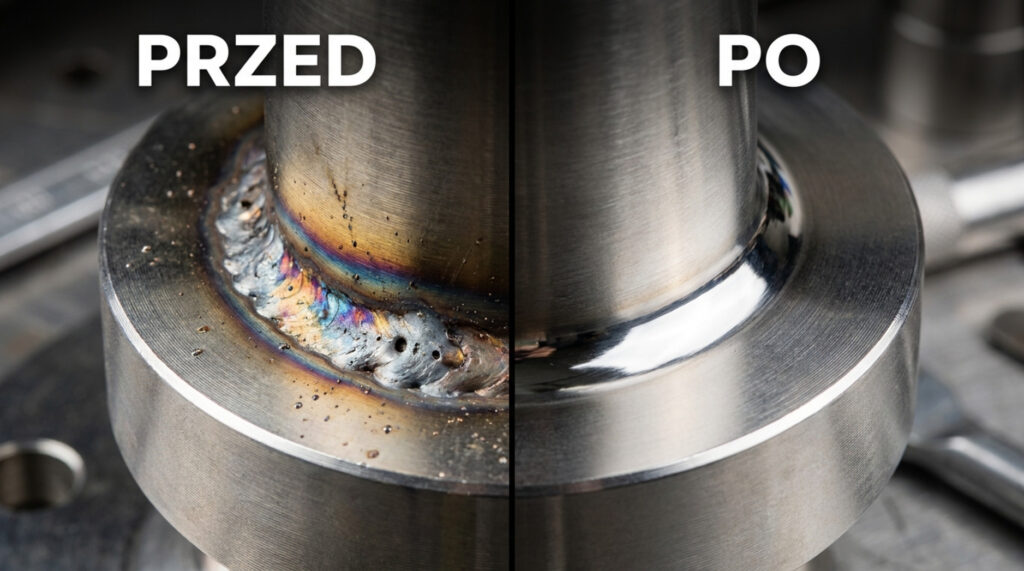 Porównanie metalowej spoiny przed i po szlifowaniu
