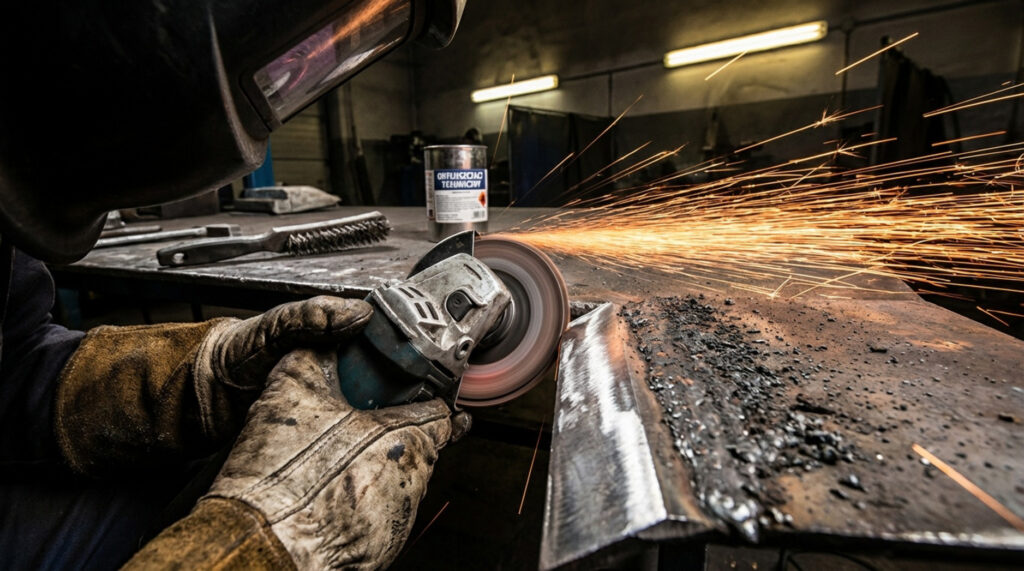 Pracownik w przyłbicy i rękawicach ochronnych szlifuje krawędź grubego arkusza metalu szlifierką kątową, wytwarzając snop iskier.