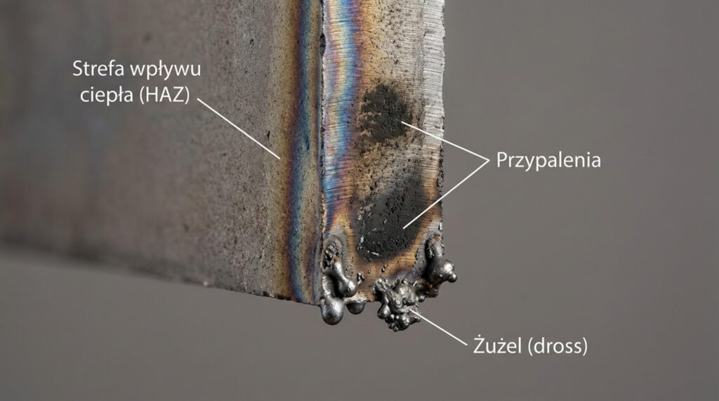 Zbliżenie na krawędź metalu po cięciu laserowym z oznaczonymi wadami: strefą wpływu ciepła (HAZ) o tęczowym zabarwieniu, przypaleniami na powierzchni cięcia oraz żużlem (dross) na dolnej krawędzi.
