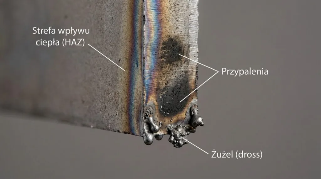 Krawędź ciętego metalu ze strefą wpływu ciepła HAZ, przypaleniami i żużlem